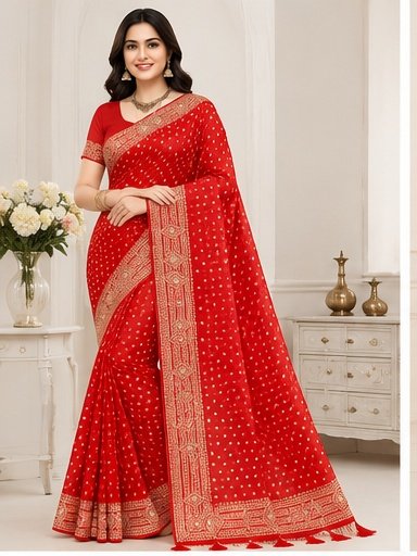 Printed Polka Dot Designer Saree with Embroidered Border - Image 2
