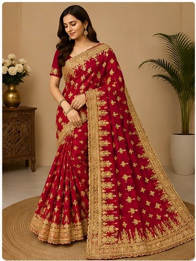 Red Gold Embroidered Designer Saree - Image 8
