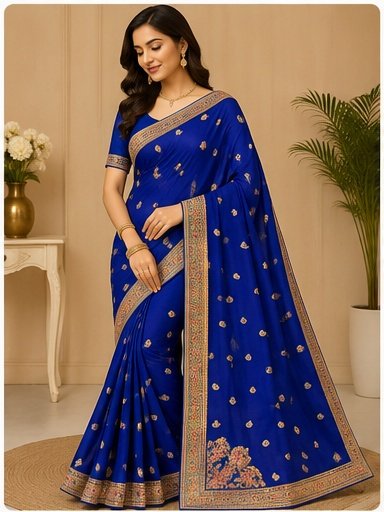Royal Blue Gold Embroidered Designer Saree - Image 8