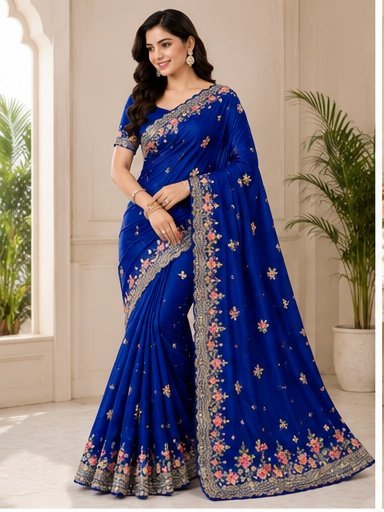 Royal Blue Floral Embroidered Designer Saree - Image 8