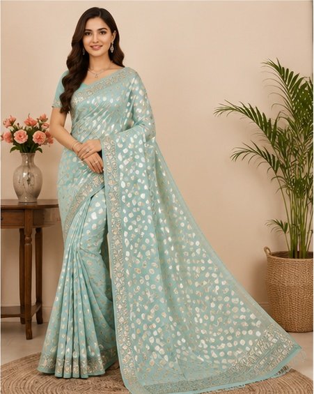 Pastel Mint Paisley Printed Designer Saree - Image 2