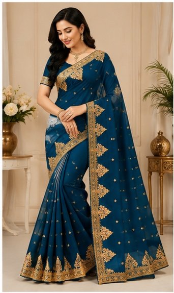 Teal Blue Embroidered Saree with Heavy Golden Border - Image 8