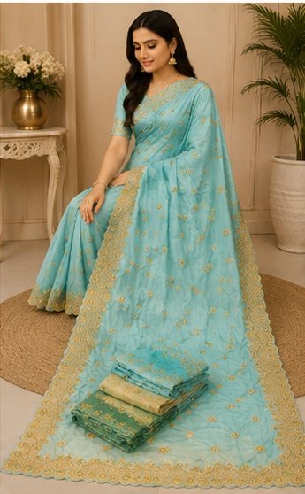 Peach Floral Embroidered Designer Saree - Image 9