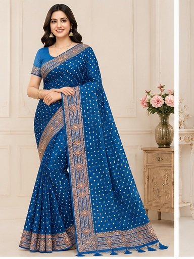 Printed Polka Dot Designer Saree with Embroidered Border - Image 3