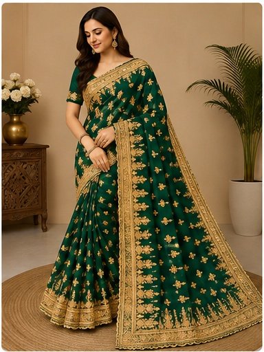 Red Gold Embroidered Designer Saree - Image 7
