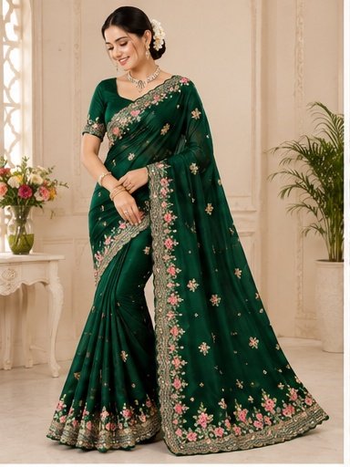 Royal Blue Floral Embroidered Designer Saree - Image 7