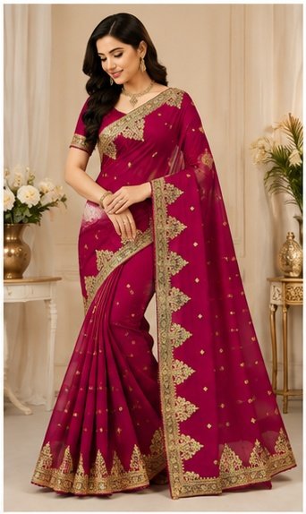 Teal Blue Embroidered Saree with Heavy Golden Border - Image 7