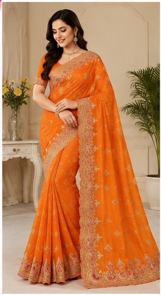 Pink Floral Embroidered Designer Saree - Image 3