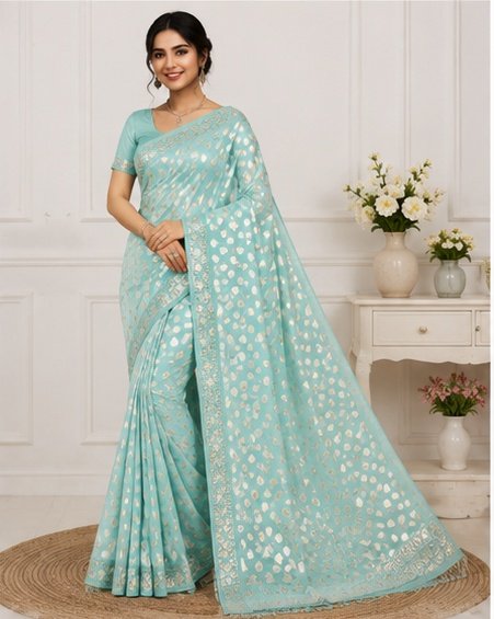 Pastel Mint Paisley Printed Designer Saree - Image 3