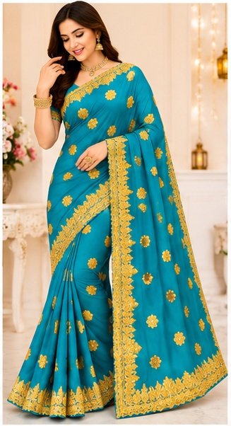 Navy Blue Gold Embroidered Designer Saree - Image 6