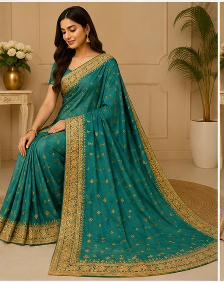 Peach Gold Embroidered Designer Saree - Image 5