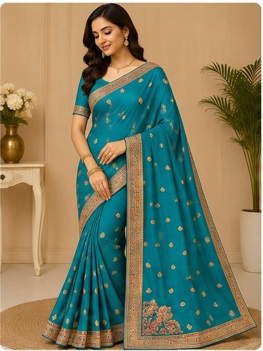 Royal Blue Gold Embroidered Designer Saree - Image 7