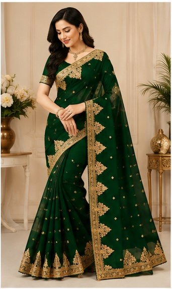 Teal Blue Embroidered Saree with Heavy Golden Border - Image 6