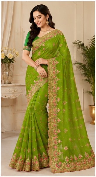 Pink Floral Embroidered Designer Saree - Image 4