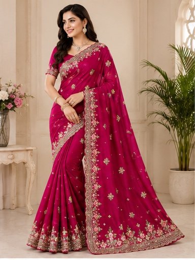 Royal Blue Floral Embroidered Designer Saree - Image 6