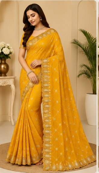 Red Gold Embroidered Designer Saree - Image 6