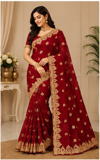 Magenta Gold Embroidered Designer Saree - Image 7