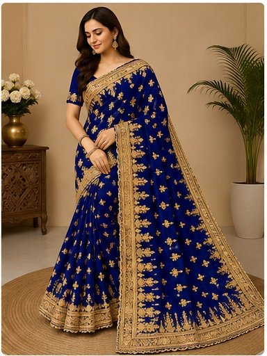 Red Gold Embroidered Designer Saree - Image 6