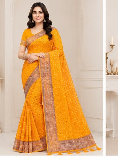 Printed Polka Dot Designer Saree with Embroidered Border - Image 4