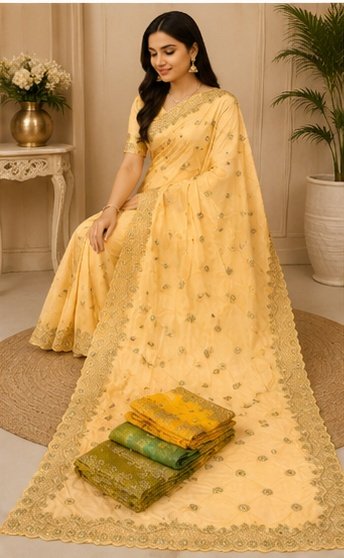 Peach Floral Embroidered Designer Saree - Image 8