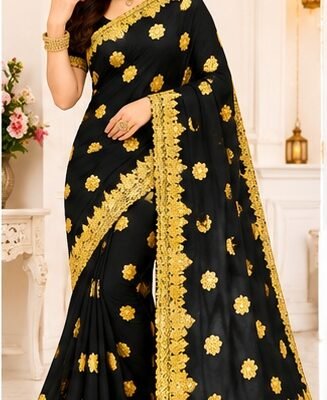 Navy Blue Gold Embroidered Designer Saree