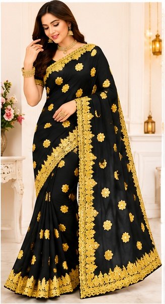 Navy Blue Gold Embroidered Designer Saree