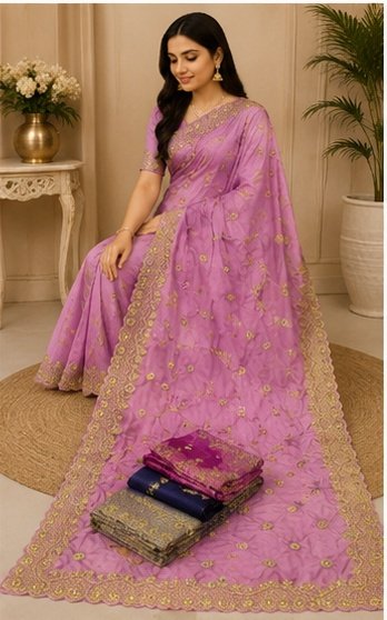 Peach Floral Embroidered Designer Saree - Image 7