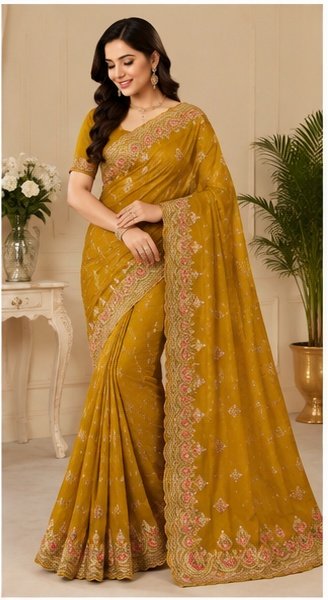 Pink Floral Embroidered Designer Saree - Image 5