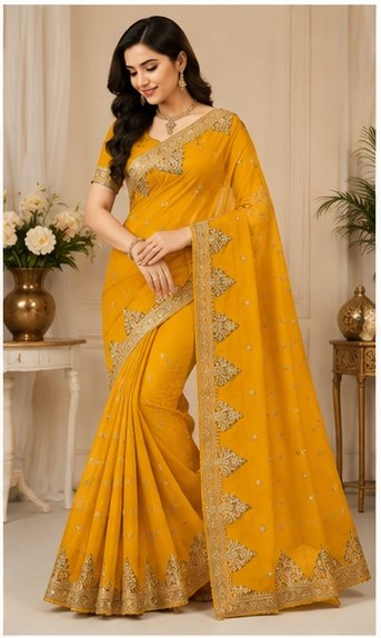 Teal Blue Embroidered Saree with Heavy Golden Border - Image 5
