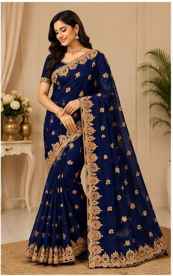 Magenta Gold Embroidered Designer Saree - Image 6