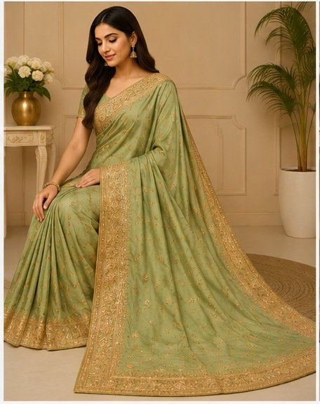 Peach Gold Embroidered Designer Saree - Image 4