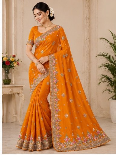 Royal Blue Floral Embroidered Designer Saree - Image 5