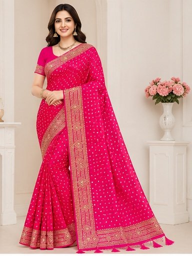 Printed Polka Dot Designer Saree with Embroidered Border - Image 5