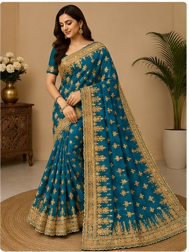 Red Gold Embroidered Designer Saree - Image 5