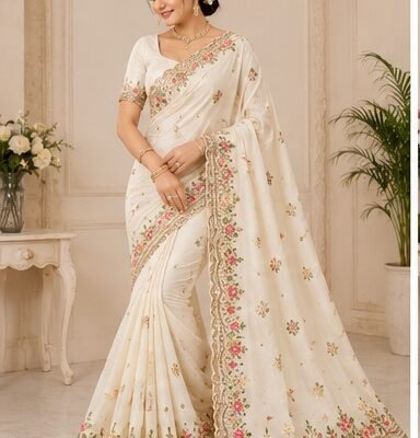 Royal Blue Floral Embroidered Designer Saree