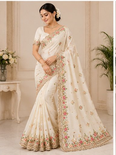 Royal Blue Floral Embroidered Designer Saree