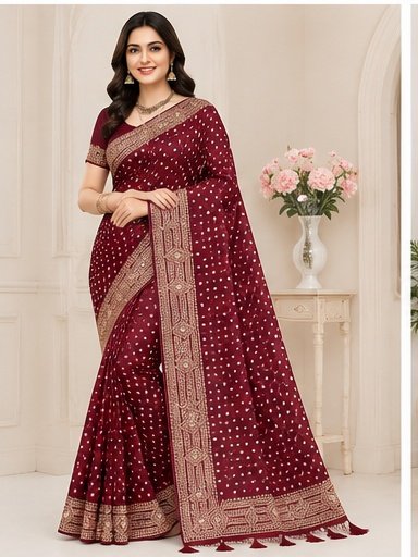 Printed Polka Dot Designer Saree with Embroidered Border - Image 6