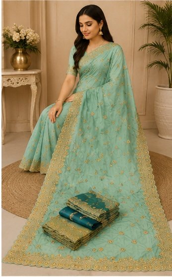 Peach Floral Embroidered Designer Saree - Image 6