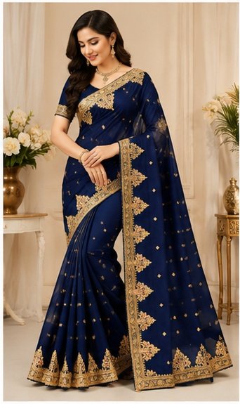 Teal Blue Embroidered Saree with Heavy Golden Border - Image 4