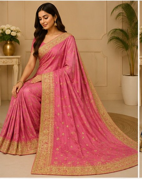 Peach Gold Embroidered Designer Saree