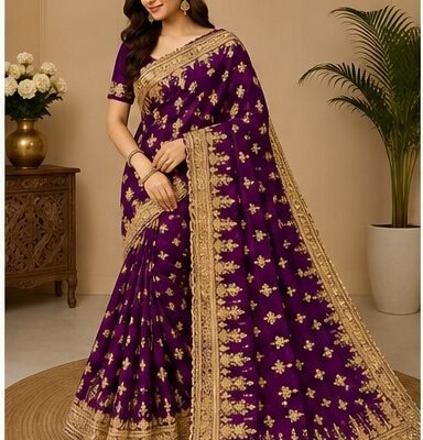 Red Gold Embroidered Designer Saree