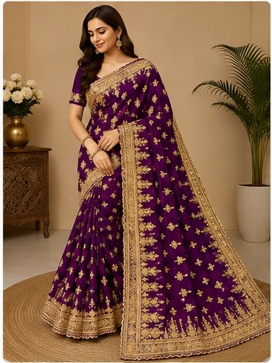Red Gold Embroidered Designer Saree