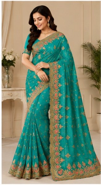 Pink Floral Embroidered Designer Saree - Image 6