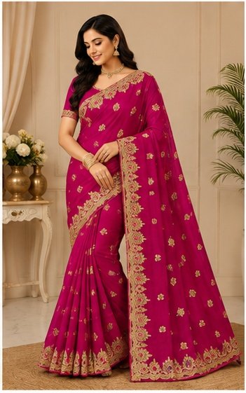 Magenta Gold Embroidered Designer Saree - Image 4