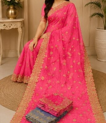 Peach Floral Embroidered Designer Saree