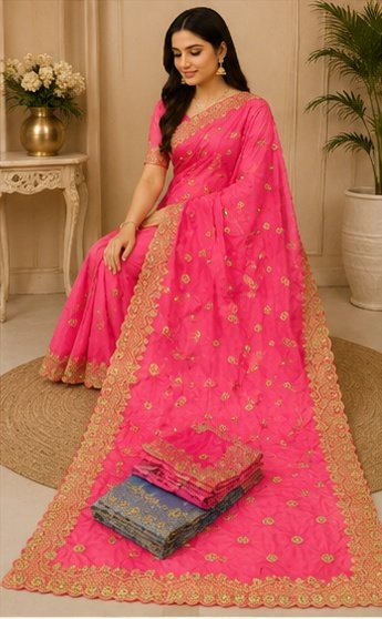 Peach Floral Embroidered Designer Saree
