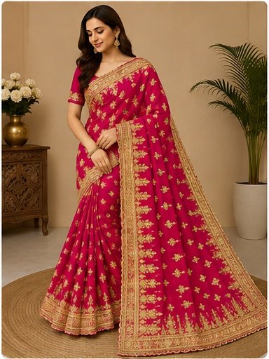 Red Gold Embroidered Designer Saree - Image 4