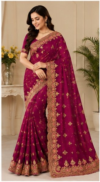 Pink Floral Embroidered Designer Saree - Image 7