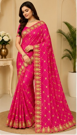 Red Gold Embroidered Designer Saree - Image 4