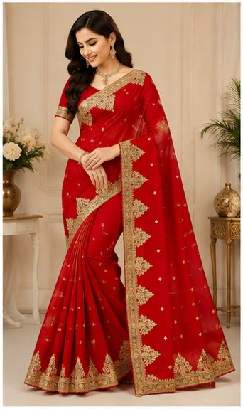 Teal Blue Embroidered Saree with Heavy Golden Border - Image 3
